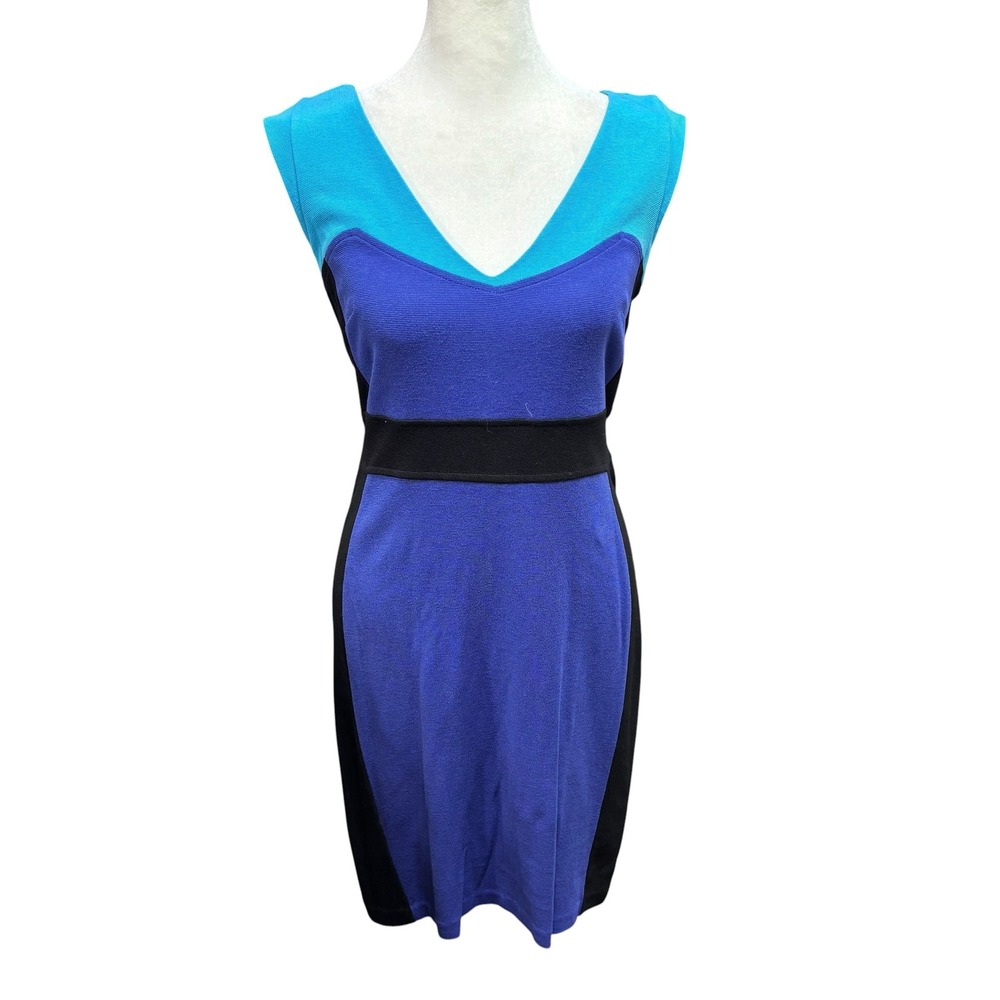 Ann Taylor Petite Colorblock Sheath Dress Blue Black V-Neck Size 4P #550